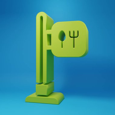 Yeşil kafe ve restoran konumu ikonu mavi arka planda izole edildi. Noktanın içinde çatal ve kaşık yeme işareti var. Minimalizm kavramı. 3 Boyutlu resimleme..