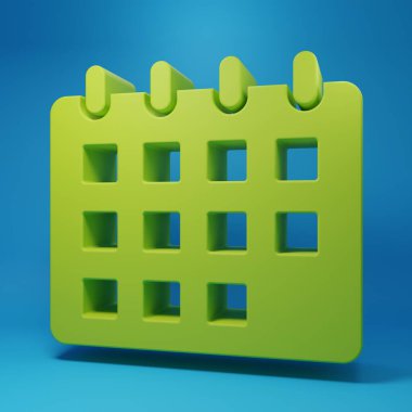 Green Calendar icon isolated on blue background. Event reminder symbol. Minimalism concept. 3D render illustration.