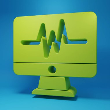 Green Computer monitor with cardiogram icon isolated on blue background. Monitoring icon. ECG monitor with heart beat hand drawn. Minimalism concept. 3D render illustration.