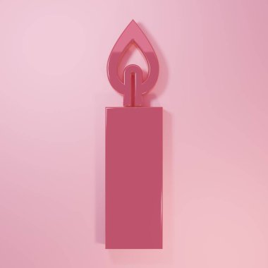 Pembe yanan mum ikonu pembe arka planda izole edilmiş. Silindirik mum çubuğu ve yanan ateş. Minimalizm kavramı. 3 Boyutlu resimleme.