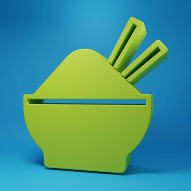 Green Rice in a bowl with chopstick icon isolated on blue background. Traditional Asian food. Minimalism concept. 3D render illustration.