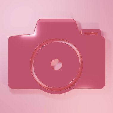 Pembe fotoğraf makinesi simgesi pembe arkaplanda izole edilmiş. Foto kamera. Dijital fotoğrafçılık. Minimalizm kavramı. 3 Boyutlu resimleme.