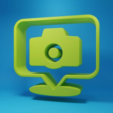 Green Photo camera icon isolated on blue background. Foto camera. Digital photography. Minimalism concept. 3D render illustration.