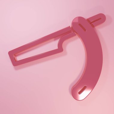 Pembe Düz Ustura simgesi pembe arka planda izole edilmiş. Berber dükkanı sembolü. Minimalizm kavramı. 3 Boyutlu resimleme.