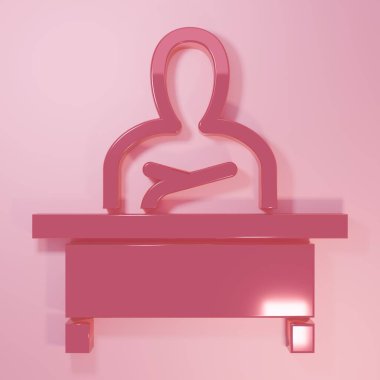 Pembe Öğrenci pembe arka planda izole bir şekilde masa başında oturuyor. Minimalizm kavramı. 3 Boyutlu resimleme.