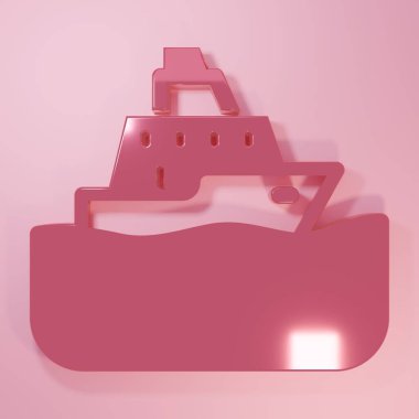 Pembe Yolcu gemisi simgesi pembe arka planda izole edildi. Seyahat turizmi deniz taşımacılığı. Yolcu gemisi, yolcu gemisi. Dünya çapında bir gezi. Minimalizm kavramı. 3 Boyutlu resimleme.