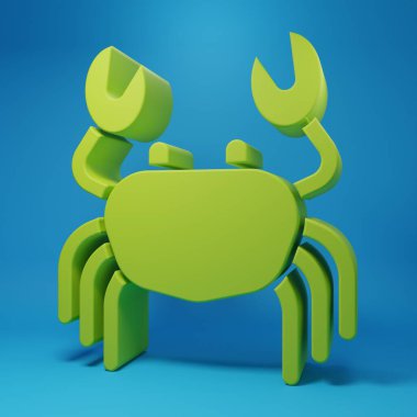 Mavi arkaplanda yeşil yengeç simgesi izole edildi. Minimalizm kavramı. 3 Boyutlu resimleme.