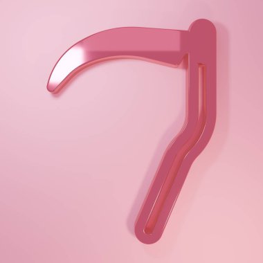 Pembe Scythe simgesi pembe arkaplanda izole edilmiş. Mutlu Cadılar Bayramı Partisi. Minimalizm kavramı. 3 Boyutlu resimleme.