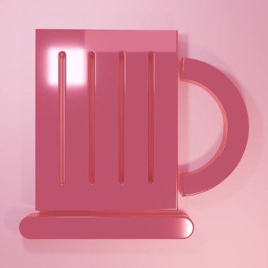 Pembe ahşap bira kupası ikonu pembe arka planda izole edilmiş. Minimalizm kavramı. 3 Boyutlu resimleme.