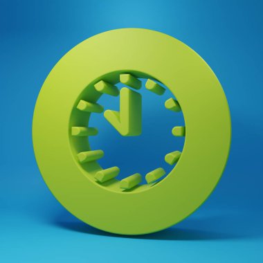 Green Clock icon isolated on blue background. Time symbol. Minimalism concept. 3D render illustration.