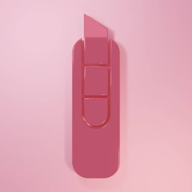 Pembe kırtasiye bıçağı ikonu pembe arka planda izole edilmiş. Ofis kâğıt kesicisi. Minimalizm kavramı. 3 Boyutlu resimleme.