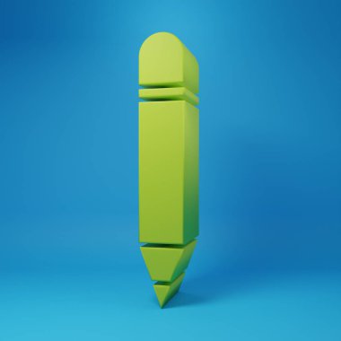 Mavi arkaplanda silgi simgesine sahip yeşil kalem. Çizim ve eğitim araçları. Okul sembolü. Minimalizm kavramı. 3 Boyutlu resimleme.