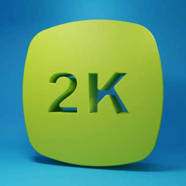 Yeşil 2k Ultra HD simgesi mavi arkaplanda izole edildi. Minimalizm kavramı. 3 Boyutlu resimleme.