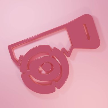 Pembe El testeresi ve kayıt simgesi pembe arka planda izole edildi. Minimalizm kavramı. 3 Boyutlu resimleme.