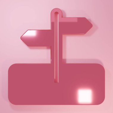 Pembe yol trafik levhası. Pembe arkaplanda izole edilmiş işaret simgesi. İşaretçi sembolü. İzole sokak bilgi levhası. Yön tabelası. Minimalizm kavramı. 3 Boyutlu resimleme.