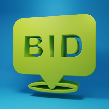 Mavi arkaplanda yeşil teklif simgesi izole edildi. Açık arttırma teklifi. Satış ve alıcılar. Minimalizm kavramı. 3 Boyutlu resimleme.