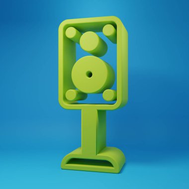 Green Stereo speaker icon isolated on blue background. Sound system speakers. Music icon. Musical column speaker bass equipment. Minimalism concept. 3D render illustration.