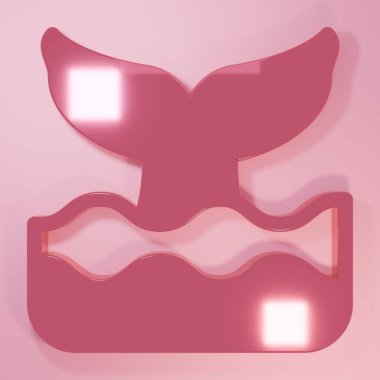 Pembe Balina kuyruğu pembe arka planda izole edilmiş okyanus dalgası ikonu. Minimalizm kavramı. 3 Boyutlu resimleme.