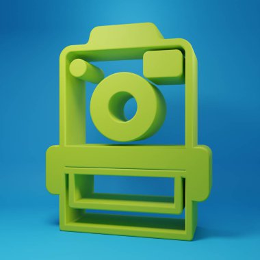 Green Photo camera icon isolated on blue background. Foto camera. Digital photography. Minimalism concept. 3D render illustration.