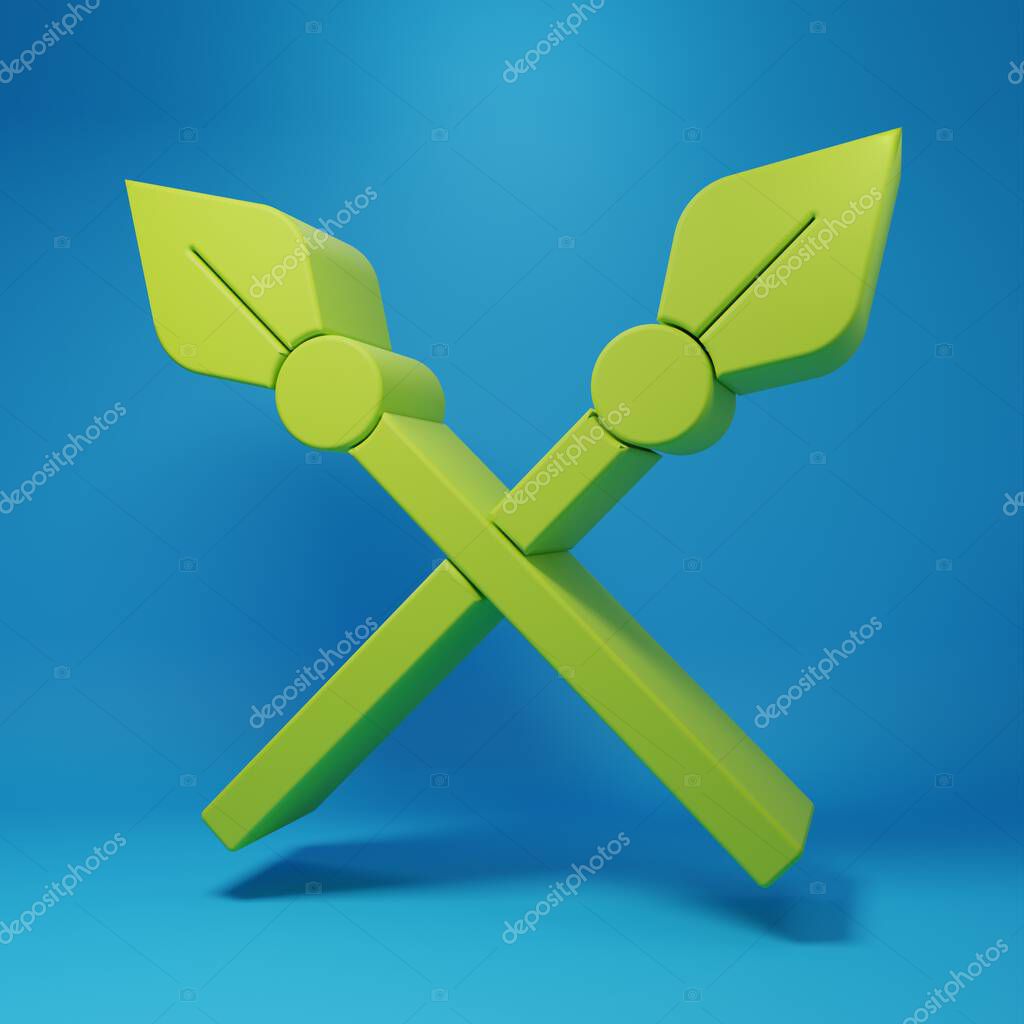 Green Crossed medieval spears icon isolated on blue background. Medieval weapon. Minimalism concept. 3D render illustration.