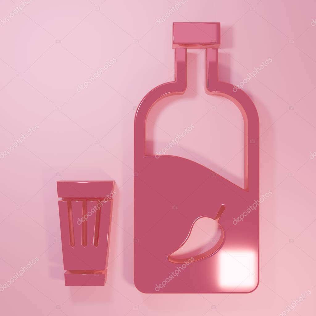 Pink Vodka with pepper and glass icon isolated on pink background. Ukrainian national alcohol. Minimalism concept. 3D render illustration.