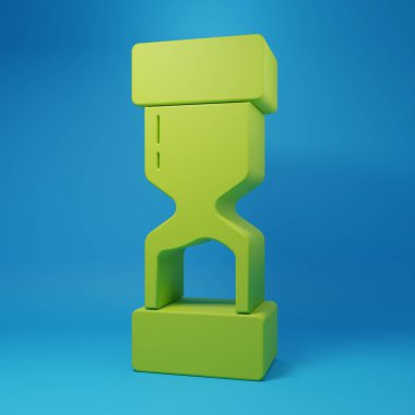 Green Old hourglass with flowing sand icon isolated on blue background. Sand clock sign. Business and time management concept. Minimalism concept. 3D render illustration.