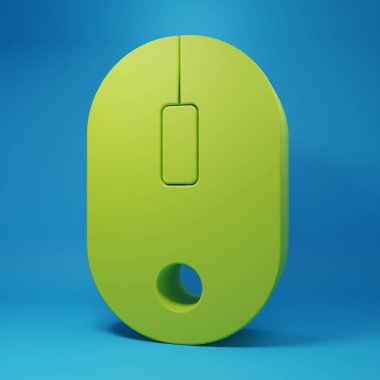 Mavi arkaplanda yeşil bilgisayar fare simgesi izole edildi. Tekerlek sembollü optik. Minimalizm kavramı. 3 Boyutlu resimleme.