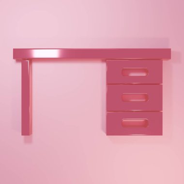 Pembe ofis masa simgesi pembe arka planda izole edilmiş. Minimalizm kavramı. 3 Boyutlu resimleme.