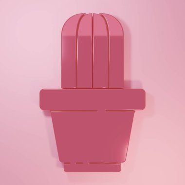 Pembe kaktüs ve pembe arka planda izole edilmiş tencere simgesinde sulu. Tencerede yetişen bir bitki. Saksı bitkisi işareti. Minimalizm kavramı. 3 Boyutlu resimleme.