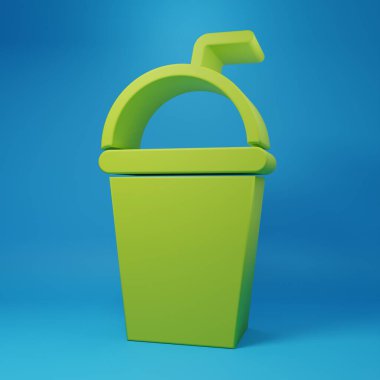 Green Paper glass with drinking straw and water icon isolated on blue background. Soda drink glass. Fresh cold beverage symbol. Minimalism concept. 3D render illustration.