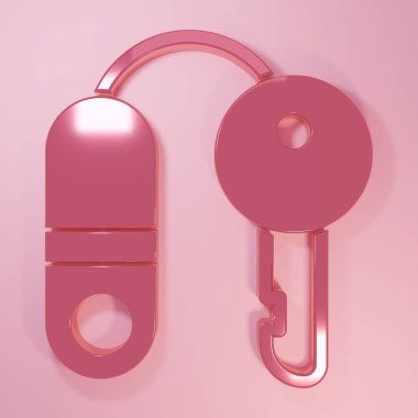 Pembe evde pembe arka planda anahtar simgesi var. Ev anahtarının konsepti. Minimalizm kavramı. 3 Boyutlu resimleme.