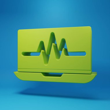 Mavi arkaplanda kardiyogram simgesi olan yeşil dizüstü bilgisayar. Simge denetleniyor. Kalp atışı elle çizilmiş EKG monitörü. Minimalizm kavramı. 3 Boyutlu resimleme.
