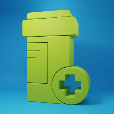 Mavi arka planda yeşil ilaç şişesi simgesi izole edildi. Şişe hapı işareti. Eczane tasarımı. Minimalizm kavramı. 3 Boyutlu resimleme.