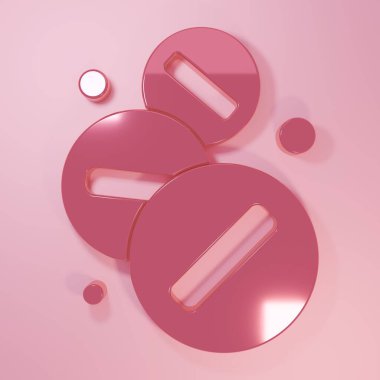 Pembe ilaç hapı ya da pembe arka planda izole edilmiş tablet ikonu. Kapsül hapı ve uyuşturucu işareti. Eczane tasarımı. Minimalizm kavramı. 3 Boyutlu resimleme.