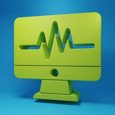 Green Computer monitor with cardiogram icon isolated on blue background. Monitoring icon. ECG monitor with heart beat hand drawn. Minimalism concept. 3D render illustration.