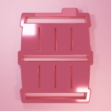 Pembe tahta varil ikonu pembe arka planda izole edilmiş. Alkol fıçısı, içki kabı, bira için tahta fıçı, viski, şarap. Minimalizm kavramı. 3 Boyutlu resimleme.