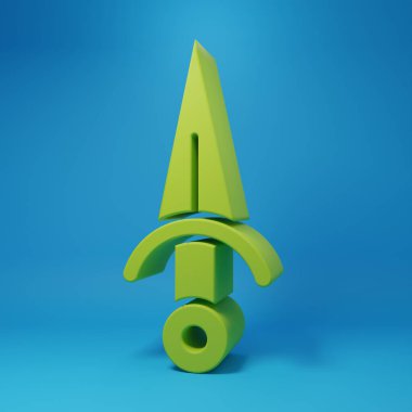 Green Dagger icon isolated on blue background. Knife icon. Sword with sharp blade. Minimalism concept. 3D render illustration.