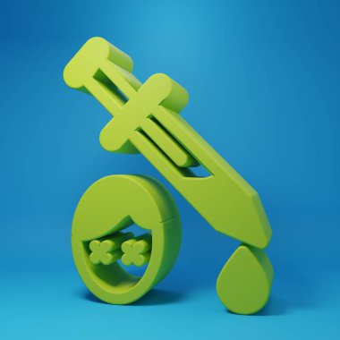 Mavi arka planda kan ikonu olan yeşil kılıç. Ortaçağ şövalyesi ve askeri. Cinayetin sembolü. Minimalizm kavramı. 3 Boyutlu resimleme.