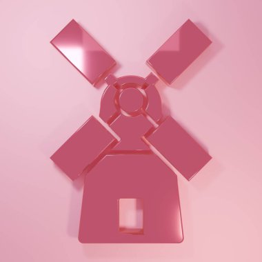 Pembe yel değirmeni simgesi pembe arka planda izole edilmiş. Minimalizm kavramı. 3 Boyutlu resimleme.