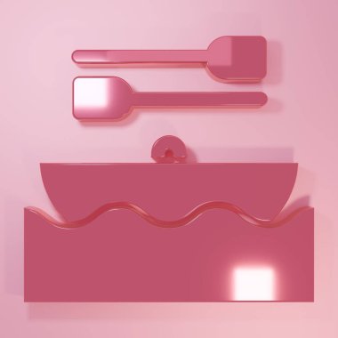Pembe arka planda izole edilmiş kürek ikonlu pembe tekne. Su sporları, ekstrem sporlar, tatil, tatil, takım oluşturma. Minimalizm kavramı. 3 Boyutlu resimleme.
