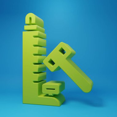 Mavi arka planda büyük çekiç simgesi olan Green High forveti. Gücü ölçmek için cazibe. Eğlence parkı. Minimalizm kavramı. 3 Boyutlu resimleme.