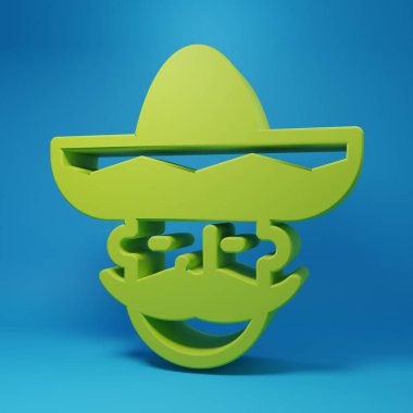 Yeşil Meksikalı adam mavi arka planda izole edilmiş sombrero ikonu giyiyor. Bıyıklı İspanyol adam. Minimalizm kavramı. 3 Boyutlu resimleme.