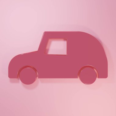 Pembe oyuncak araba ikonu pembe arka planda izole edilmiş. Minimalizm kavramı. 3 Boyutlu resimleme.