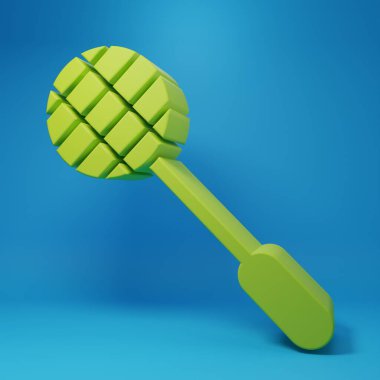 Mavi arka planda yeşil tenis raketi ikonu izole edildi. Spor malzemeleri. Minimalizm kavramı. 3 Boyutlu resimleme.