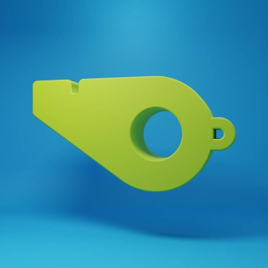 Green Whistle icon isolated on blue background. Referee symbol. Fitness and sport sign. Minimalism concept. 3D render illustration.