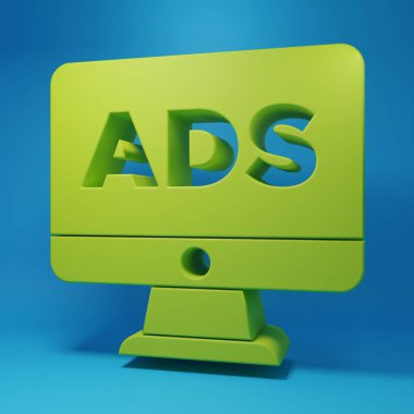 Mavi arkaplanda yeşil reklam simgesi izole edildi. Pazarlama ve tanıtım süreci kavramı. İlgili reklamlar. Sosyal medya reklamcılığı. Minimalizm kavramı. 3 Boyutlu resimleme.