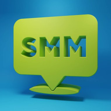 Mavi arkaplanda yeşil SMM simgesi izole edildi. Sosyal medya pazarlama, analiz, reklam stratejisi geliştirme. Minimalizm kavramı. 3 Boyutlu resimleme.