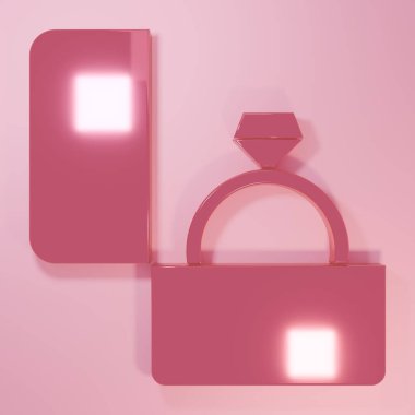 Pembe Elmas nişan yüzüğü ikonu pembe arka planda izole edilmiş. Minimalizm kavramı. 3 Boyutlu resimleme.