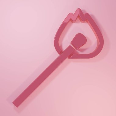 Pembe yakma kibriti ve pembe arka planda izole edilmiş ateş ikonu. Ateşle maç. Kibrit işareti. Minimalizm kavramı. 3 Boyutlu resimleme.