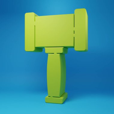 Green Judge gavel icon isolated on blue background. Gavel for adjudication of sentences and bills, court, justice. Auction hammer. Minimalism concept. 3D render illustration.